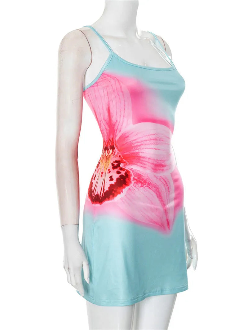 Spaghetti Strap Floral Print Sexy Mini Dress For Women Robe Fashion Elegant Sleeveless Backless Summer Beach Dress