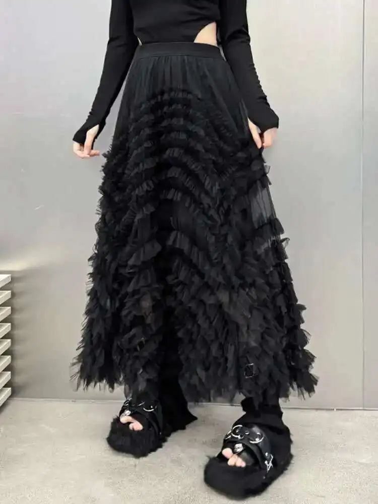 High Elastic Waist Black Layers Mesh Shaped Elegant Half-body Skirt Women Fashion Tide New Spring Autumn 2025 1DH4808