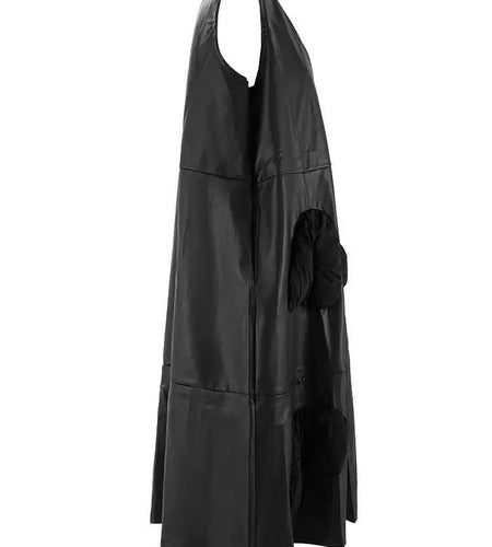 Women Black  Pu Leather Pockets Big Size Long Vest Dress New V-Neck Sleeveless Fashion Tide Spring Autumn 2025 CPG2085