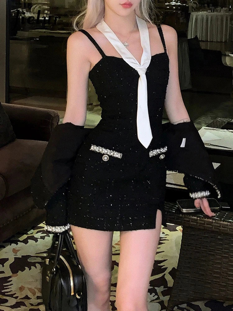 Sexy Split Two Piece Set Female Dresses Black Strapless Tie Tight Hip Slash Neck Fashion Women's Dress Party Club Dress