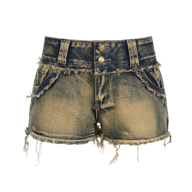Vintage Grunge Bodycon Tassel Summer Denim Shorts Distressed Y2 Streetwear Burr Stitched Hotpants Jeans Women Outfits