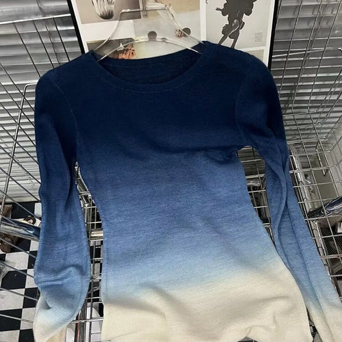 Load image into Gallery viewer, Slim Tie Dye Sweater For Women Round Neck Long Sleeve Colorblock Knitting Elegant T Shirts Female Clothing
