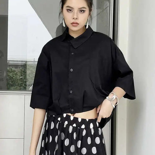 Load image into Gallery viewer, Women Black Brief Big Size Short Casual Blouse New Lapel Half Sleeve Shirt Fashion Tide Spring Summer 2025 1DH5843
