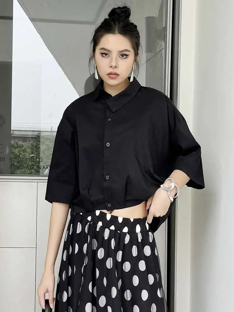 Women Black Brief Big Size Short Casual Blouse New Lapel Half Sleeve Shirt Fashion Tide Spring Summer 2025 1DH5843