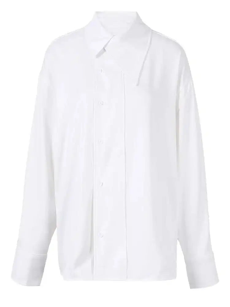 Women White Irregular Big Size Casual Blouse New Lapel Long Sleeve Loose Fit Shirt Fashion Tide Spring Autumn 2025 CPG0792