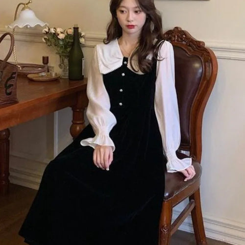 Load image into Gallery viewer, Autumn Winter Black Velvet Midi Dress Women Vintage Kawaii Peter Pan Collar Long Sleeve Party Dresses Female New In
