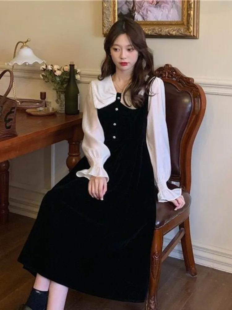 Autumn Winter Black Velvet Midi Dress Women Vintage Kawaii Peter Pan Collar Long Sleeve Party Dresses Female New In