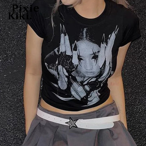 Load image into Gallery viewer, Black Graphic Tees Y2k Shirts 2000s Streetwear Emo Girl Clothes Short Sleeve Cropped Top Summer 2024 P84-BB16
