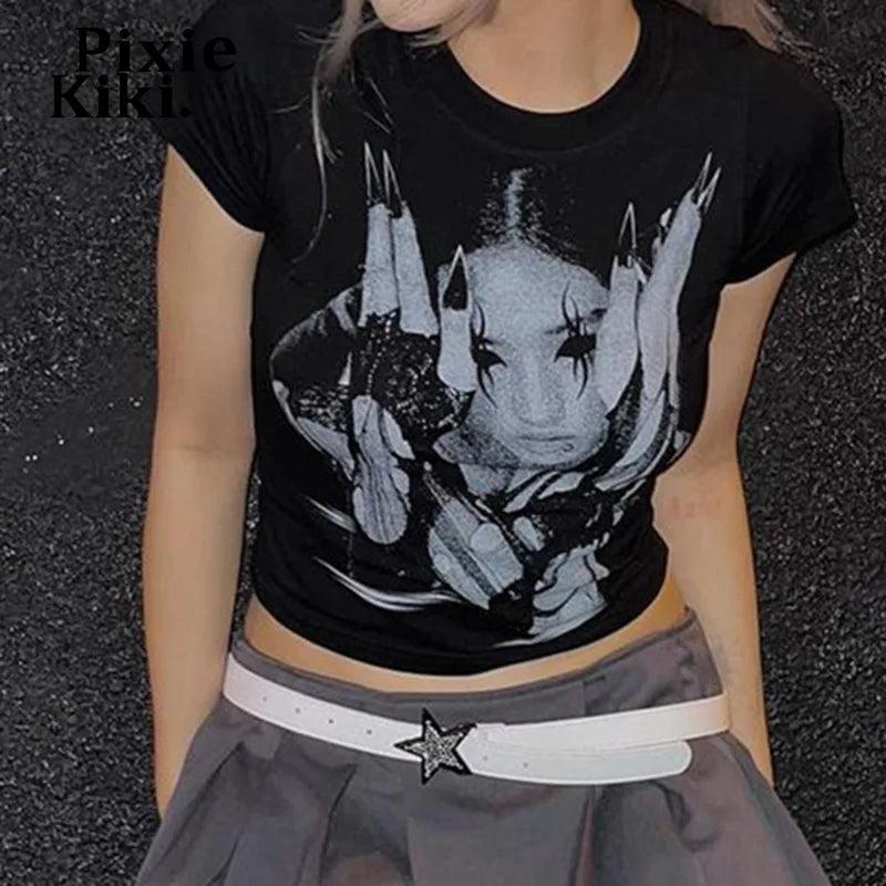 Black Graphic Tees Y2k Shirts 2000s Streetwear Emo Girl Clothes Short Sleeve Cropped Top Summer 2024 P84-BB16