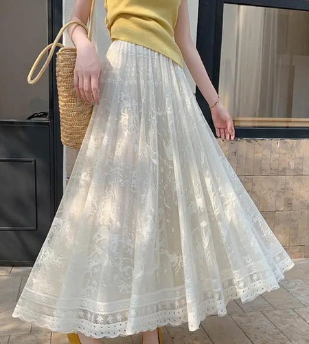 Spring Summer French Vintage Black Embroidered Lace Slim Long Skirts Women Beige High Waist Elegant Party Pleated Skirt Street