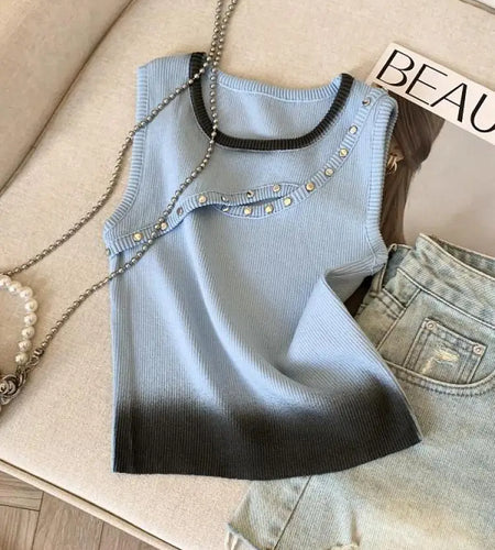 Korean Blue Pink Patchwork Hollow Out Slim Short Knitted Vest Summer Women Round Neck Sleeveless Holiday Pullover Tops 2025 Chic