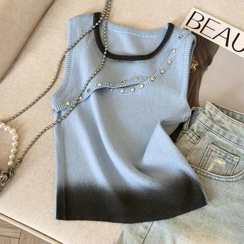 Load image into Gallery viewer, Korean Blue Pink Patchwork Hollow Out Slim Short Knitted Vest Summer Women Round Neck Sleeveless Holiday Pullover Tops 2025 Chic
