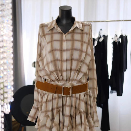 Load image into Gallery viewer, Hit Color Spliced Plaid Casual Mini Dresses for Women Lapel Long Sleeves Patchwork Folds Fashion Dress Female New
