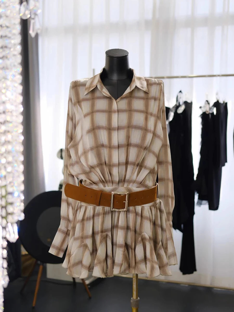 Hit Color Spliced Plaid Casual Mini Dresses for Women Lapel Long Sleeves Patchwork Folds Fashion Dress Female New