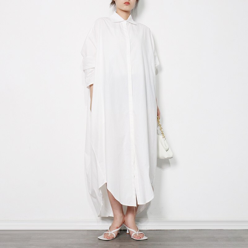 Casual Minimalist Plus Size White Long Dress Female Lapel Long Sleeve Loose Waist Maxi Dresses For Women Style