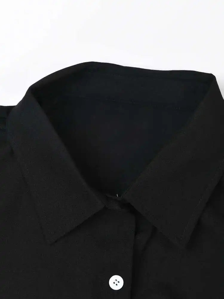 Women Black Lace Pleated Big Size Shirt Dress New Lapel Half Sleeve Loose Fit Fashion Tide Spring Summer 2025  1DF8749