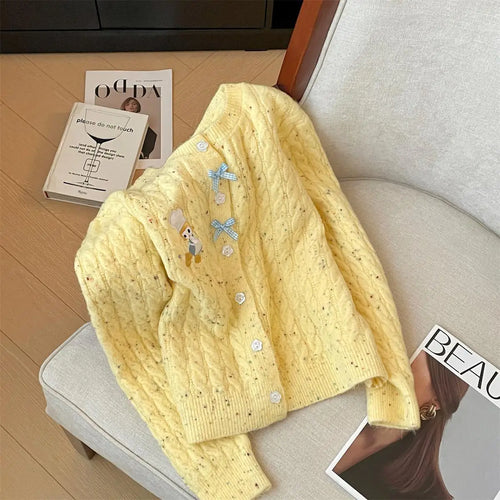 Load image into Gallery viewer, French Solid Embroidery Bow Single Breasted Short Cardigans Sweater Women Autumn Winter O-neck Long Sleeve Knitwear Tops Popular
