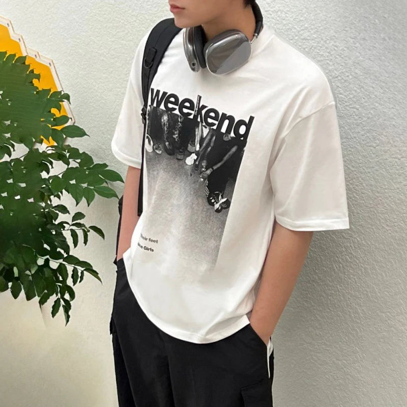 Men's Short Sleeve T-shirt Summer Korean Style Letter Print Round Neck Male Top Fashion Trend Casulal Tops 9C5636