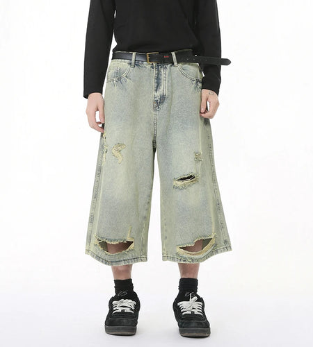 High Street Men's Denim Shorts Irregular Holes Design Solid Color Straight Trousers Wide Leg Summer Male Jeans New 9W1272