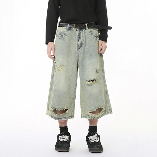 Load image into Gallery viewer, High Street Men's Denim Shorts Irregular Holes Design Solid Color Straight Trousers Wide Leg Summer Male Jeans New 9W1272
