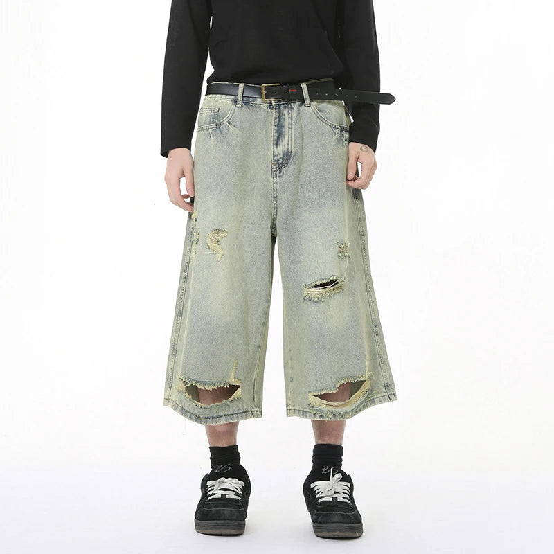 High Street Men's Denim Shorts Irregular Holes Design Solid Color Straight Trousers Wide Leg Summer Male Jeans New 9W1272