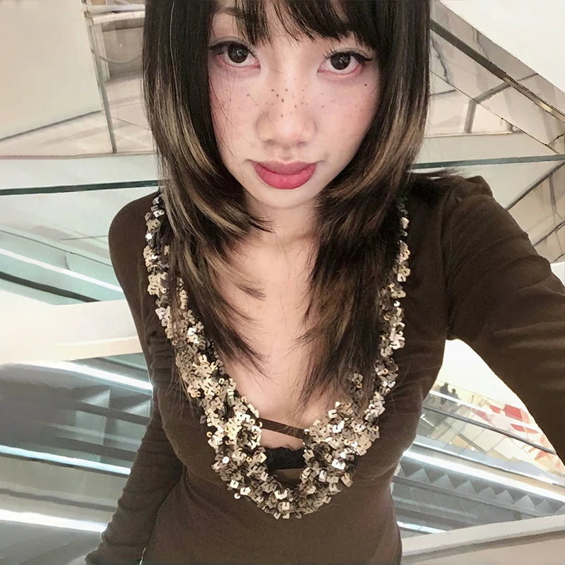 Japanese Y2k V-neck Sequin Tops Trashy 2000s Style Sxey Long Sleeve T-shirt Vintage Harajuku Slim Tops American Retro