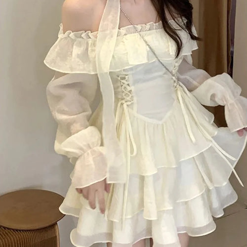 Load image into Gallery viewer, Sexy Bandage Off Shoulder Dress Women Sweet Soft Girls Kawaii Mesh Ruffles Mini Short Dresses Princess Fairy
