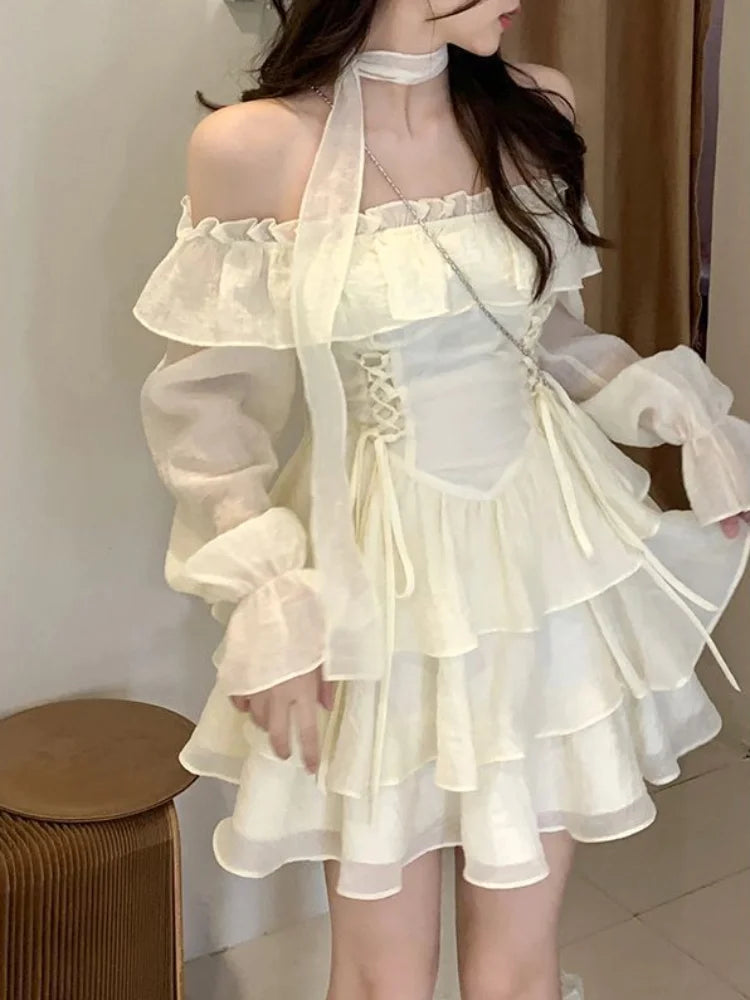 Sexy Bandage Off Shoulder Dress Women Sweet Soft Girls Kawaii Mesh Ruffles Mini Short Dresses Princess Fairy