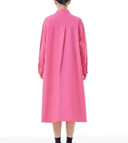 Women Rose Red Button Design Big Size Midi Shirt Dress New Lapel Long Sleeve Fashion Tide Spring Autumn 2025 1DH5165