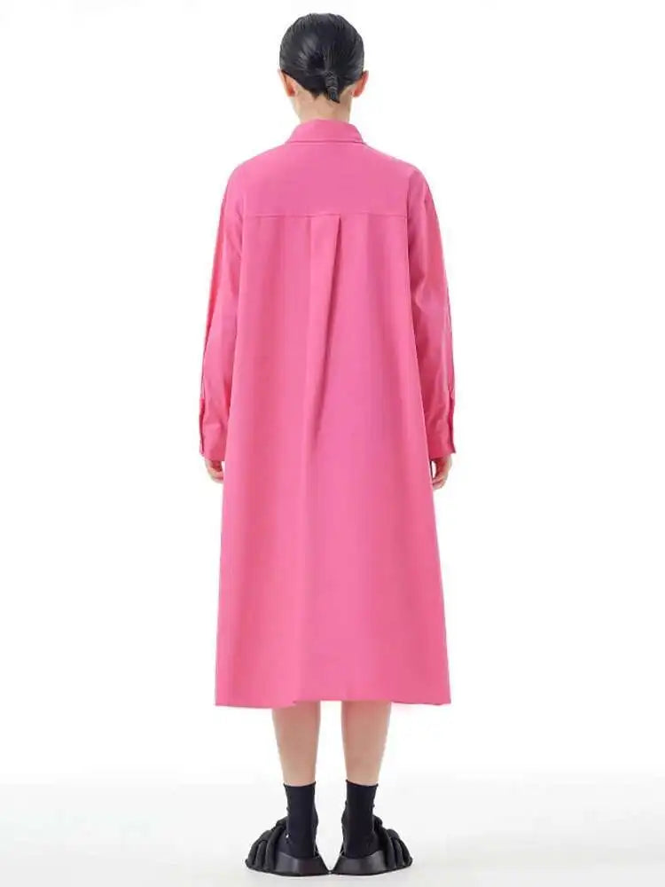 Women Rose Red Button Design Big Size Midi Shirt Dress New Lapel Long Sleeve Fashion Tide Spring Autumn 2025 1DH5165