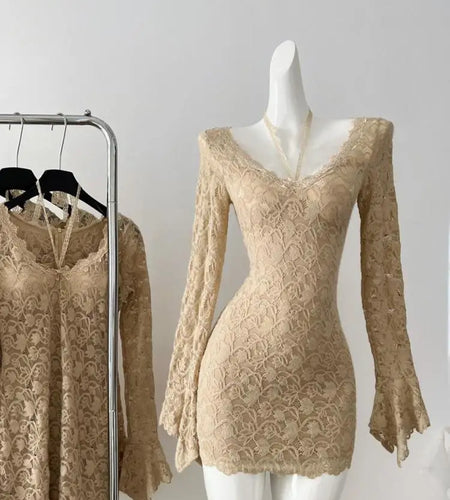 Autumn Ladies Brown Lace V-neck Party Mini Dress French High Waist Sexy Club Elegant Zipper Wrap Hip Pleated Short Dress Popular