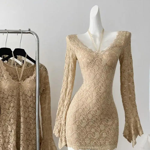 Load image into Gallery viewer, Autumn Ladies Brown Lace V-neck Party Mini Dress French High Waist Sexy Club Elegant Zipper Wrap Hip Pleated Short Dress Popular
