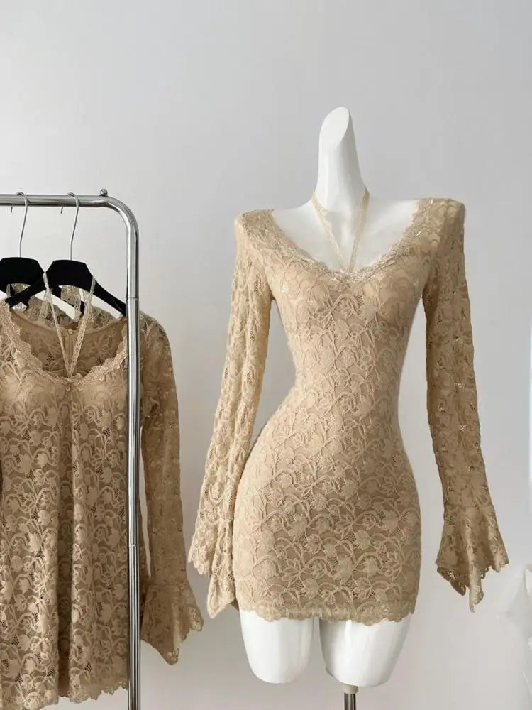 Autumn Ladies Brown Lace V-neck Party Mini Dress French High Waist Sexy Club Elegant Zipper Wrap Hip Pleated Short Dress Popular