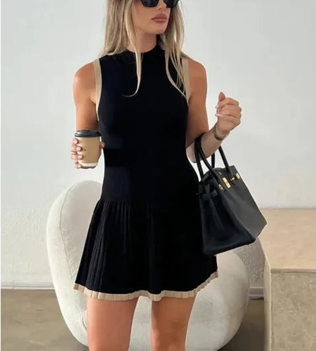 Elegant Sleeveless Knitted Sweater Dress Women Elastic Slim Short Skirt Pleated Female Summer 2024 New Vacation Vestidos