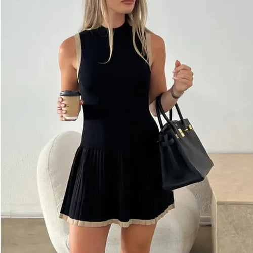 Load image into Gallery viewer, Elegant Sleeveless Knitted Sweater Dress Women Elastic Slim Short Skirt Pleated Female Summer 2024 New Vacation Vestidos
