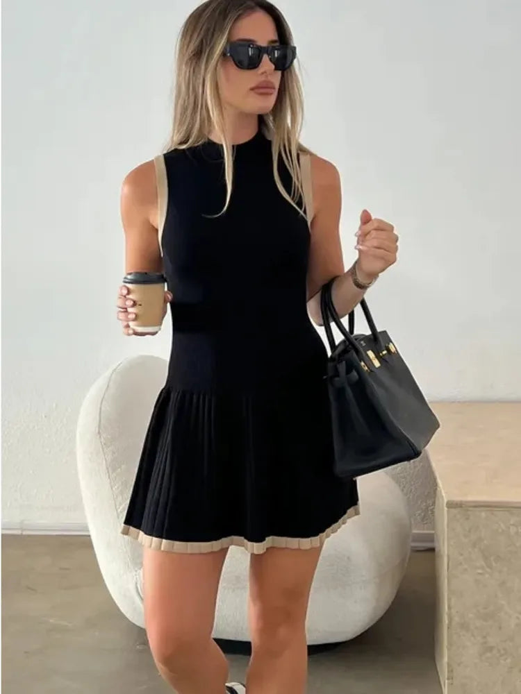 Elegant Sleeveless Knitted Sweater Dress Women Elastic Slim Short Skirt Pleated Female Summer 2024 New Vacation Vestidos