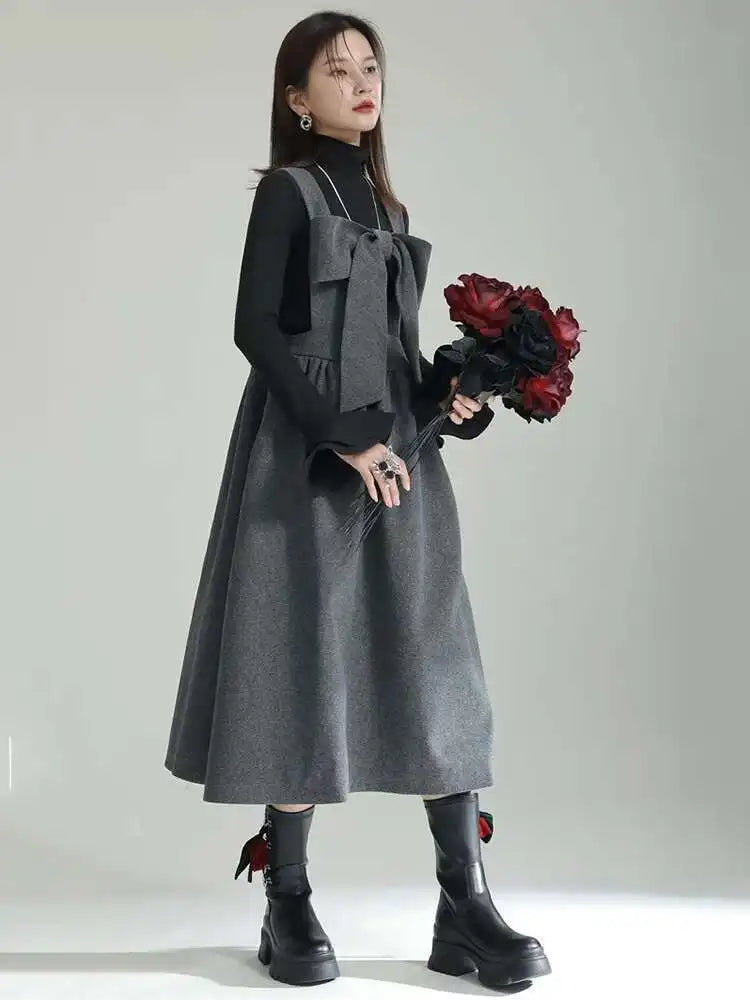 Women Gray Bow Bandage Spliced Long Elegant Woolen Dress New Sleeveless Loose Fit Fashion Tide Autumn Winter 2025 1DF3527