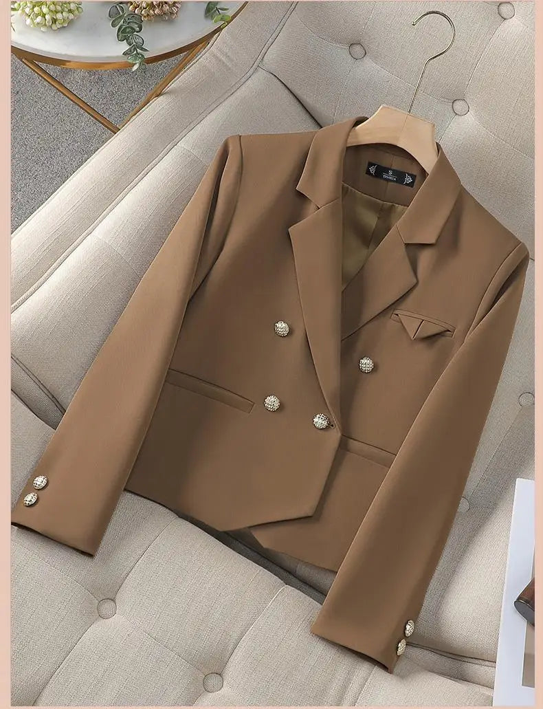 Spring Autumn Fashion New Black Beige Irregular Blazers Jacket Women Korean Brown Long Sleeve Office Ladies Double-breasted Coat