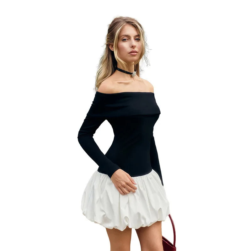 Off-shoulder Long Sleeve Sexy Mini Dress For Women Contrast Color Patchwork Strapless Backless A-line Sexy Dress