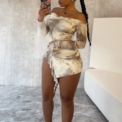 Load image into Gallery viewer, Hollow Out Print Sexy Mini Dress For Women Autumn New Off-shoulder Long Sleeve Bodycon Ruffled Slit Sexy Dress New
