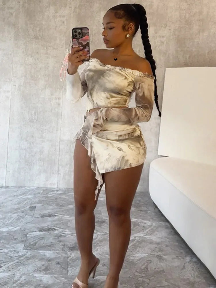 Hollow Out Print Sexy Mini Dress For Women Autumn New Off-shoulder Long Sleeve Bodycon Ruffled Slit Sexy Dress New