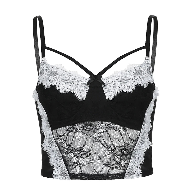 Fashion Strap Sexy Lace Top Camisole Bow Chic Patchwork Bralette See Through Women's Tops Mini Gothic Underwear Tanks