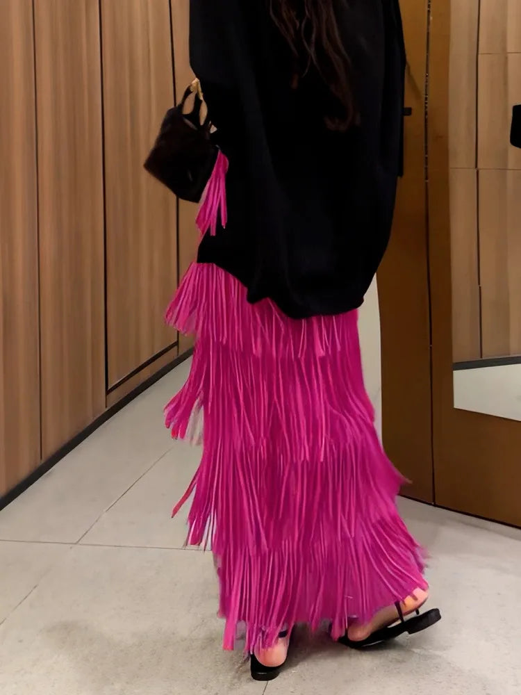 Vintage Elegant Skirt For Women High Waist Patchwork Tassel Hem Solid Midi Skirts Female High Street Summer Clothing Style Y2k
