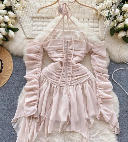 Autumn Pink Halter Bandage Mini Dress Women Sexy Club Temperament New Off Shoulder Korean Fashion Irregular Pleated Short Dress