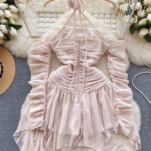Load image into Gallery viewer, Autumn Pink Halter Bandage Mini Dress Women Sexy Club Temperament New Off Shoulder Korean Fashion Irregular Pleated Short Dress
