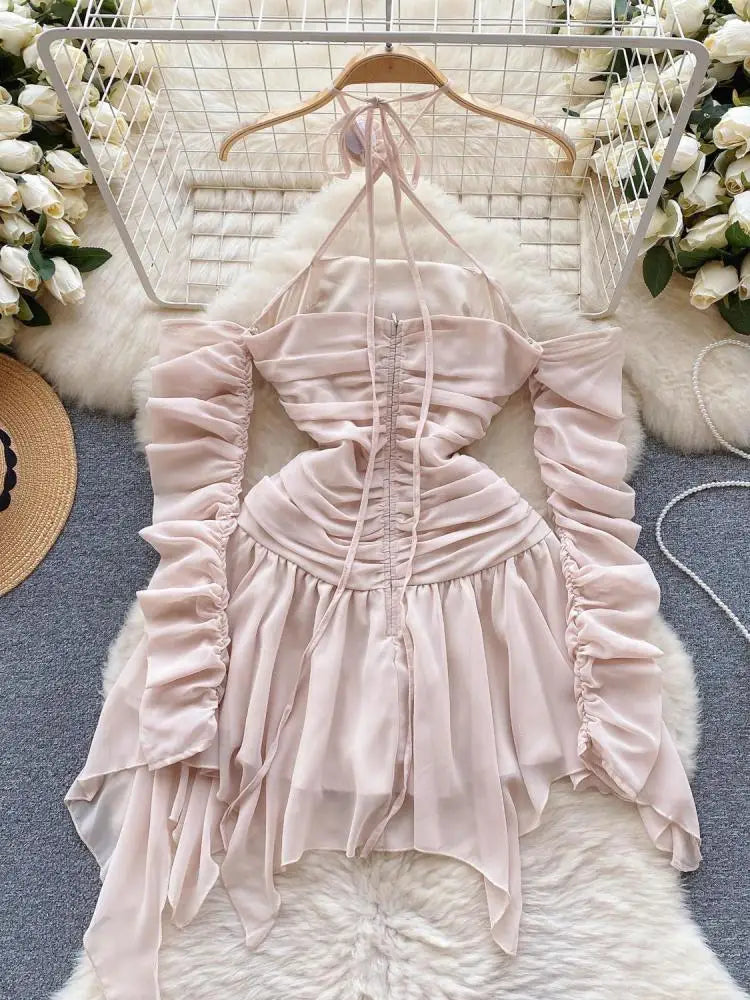 Autumn Pink Halter Bandage Mini Dress Women Sexy Club Temperament New Off Shoulder Korean Fashion Irregular Pleated Short Dress