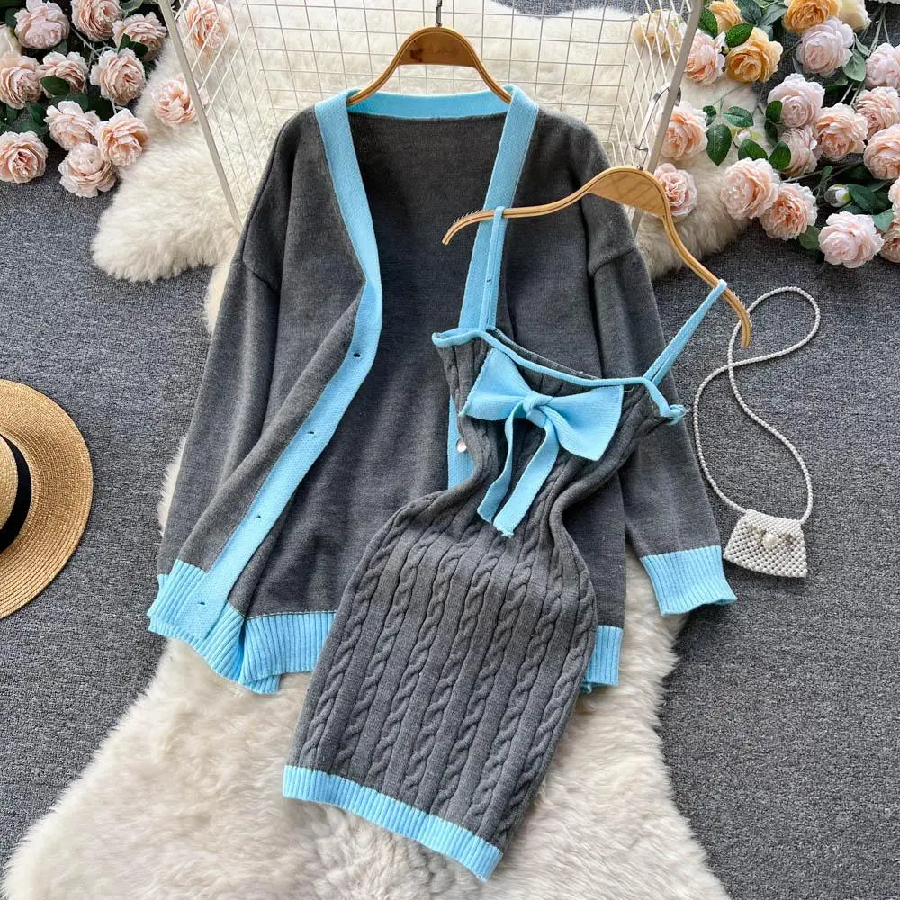 Autumn Winter Patchwork Knit Sweater Suit Single Breasted Cardigan Top+ Strap Bow Twist Bodycon Slip Dress Women Warm Sets Trend