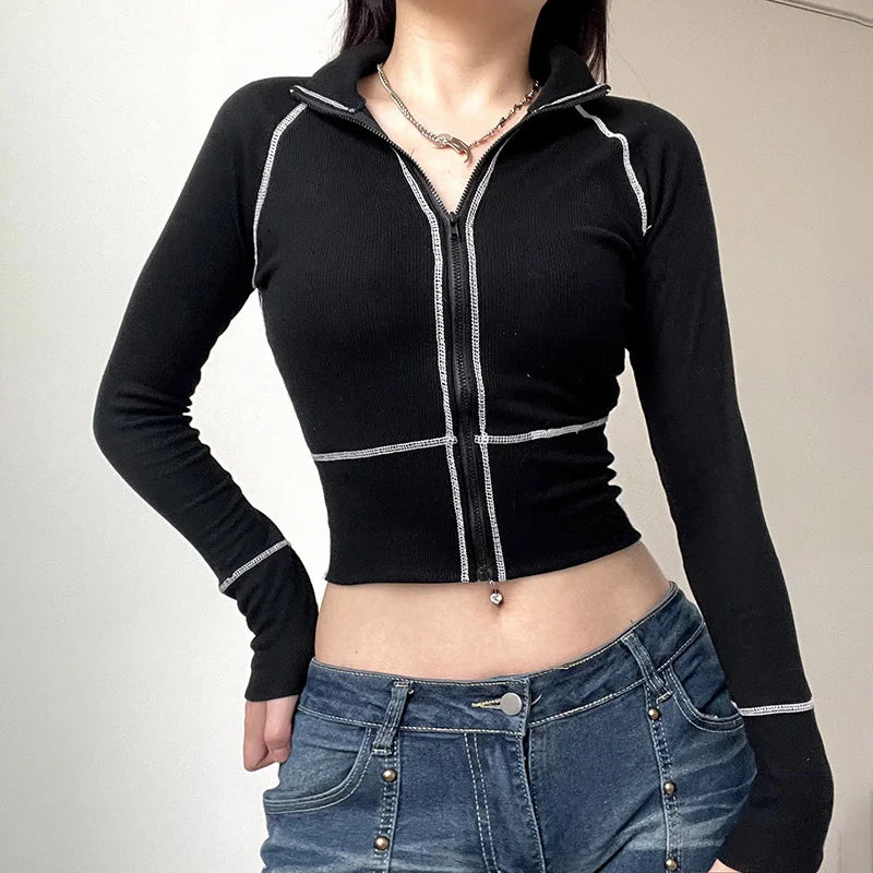 Harajuku Knitted Line Stitch Turtleneck Autumn T shirt Female Skinny Casual Zip Up Jacket Cropped Top Korean Shirts