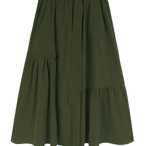 Load image into Gallery viewer, High Elastic Waist Khaki Pleated Belted Drawstring A-line Half-body Skirt Women Fashion New Spring Autumn 2025 1DJ1046
