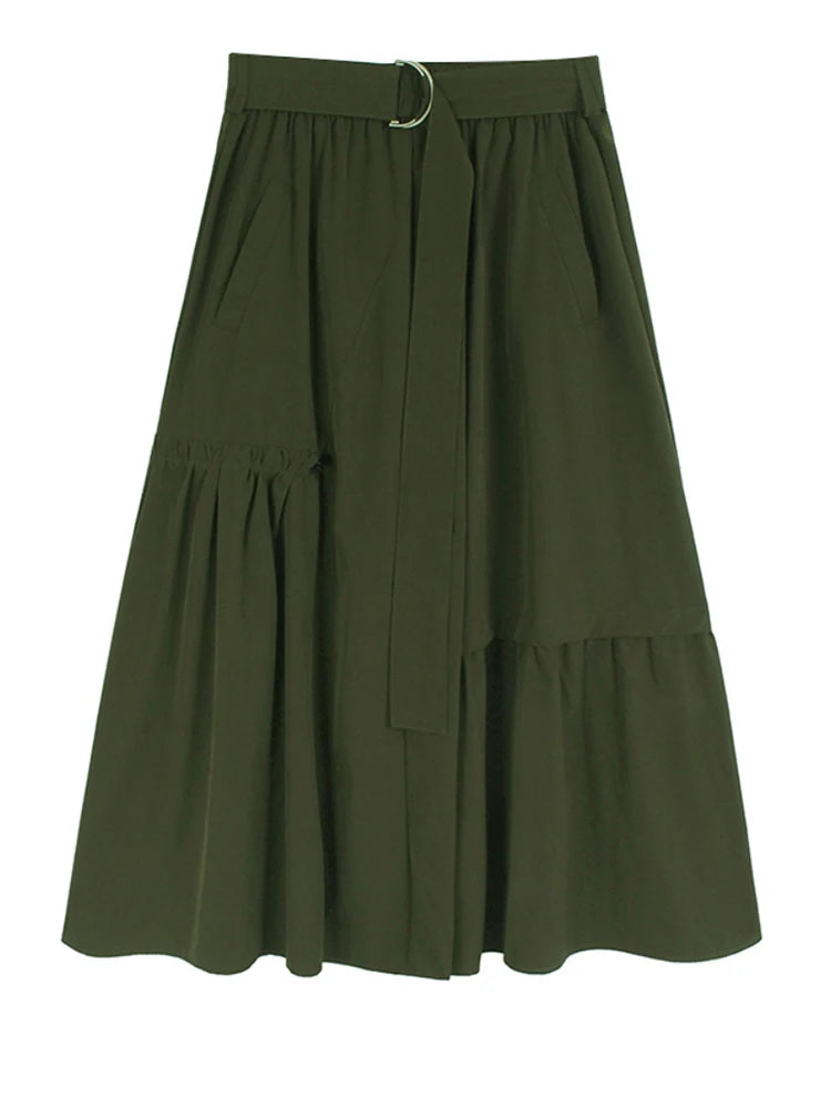 High Elastic Waist Khaki Pleated Belted Drawstring A-line Half-body Skirt Women Fashion New Spring Autumn 2025 1DJ1046